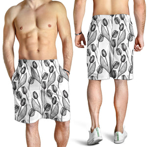 Black And White Tulip Pattern Print Men's Shorts