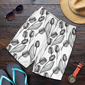 Black And White Tulip Pattern Print Men's Shorts