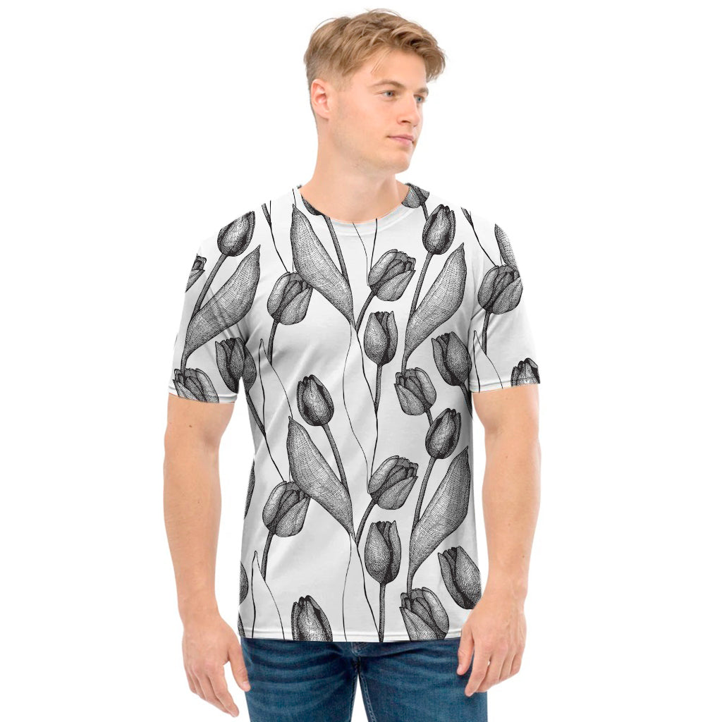 Black And White Tulip Pattern Print Men's T-Shirt