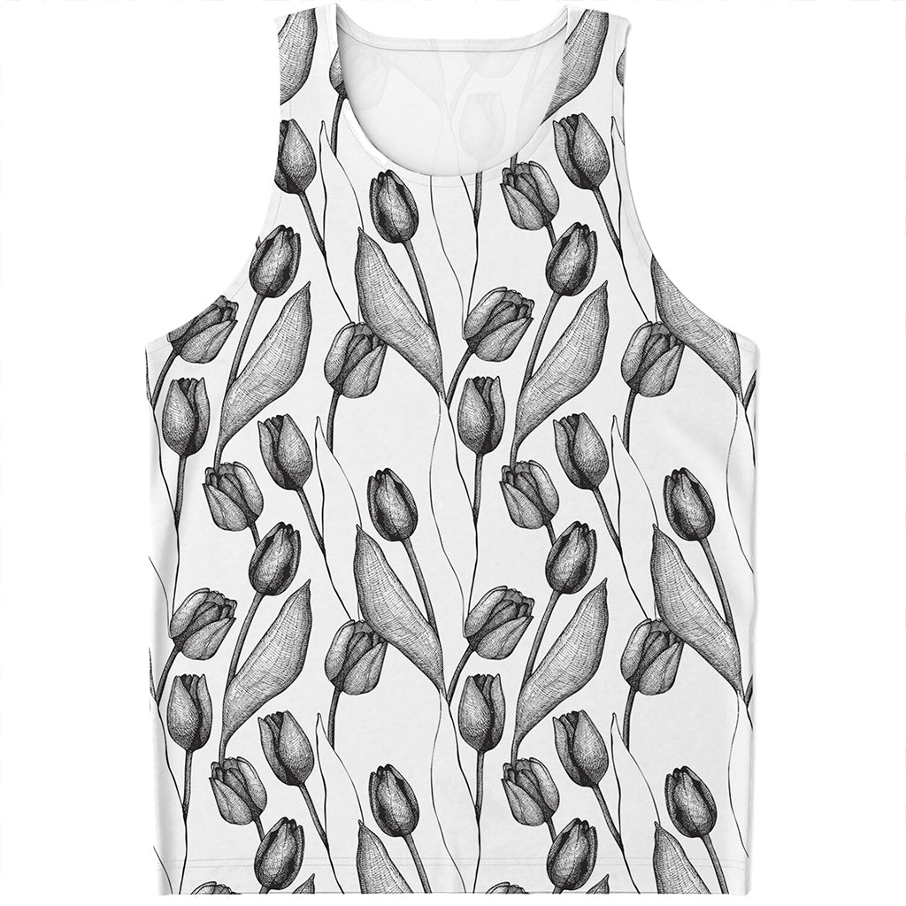 Black And White Tulip Pattern Print Men's Tank Top