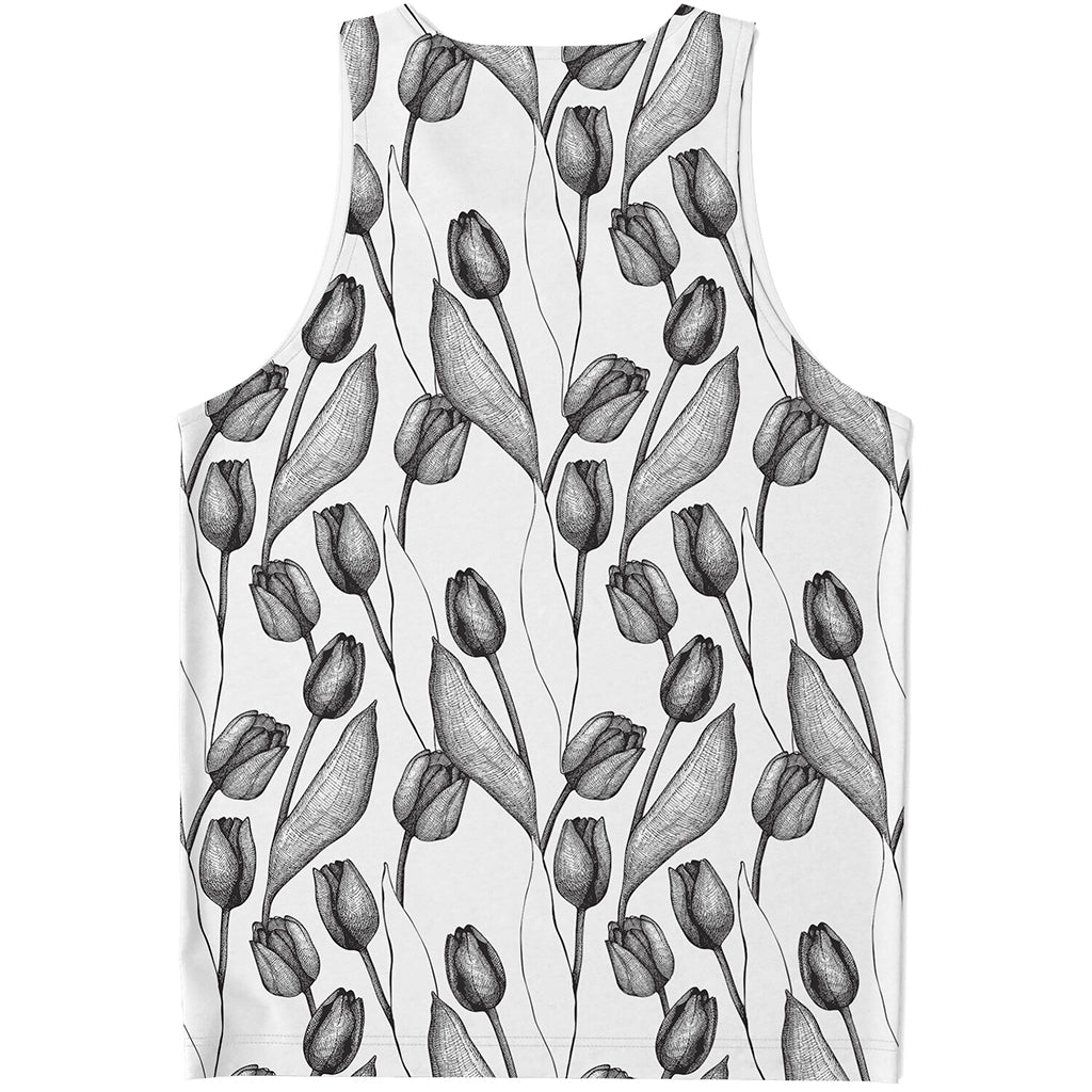 Black And White Tulip Pattern Print Men's Tank Top