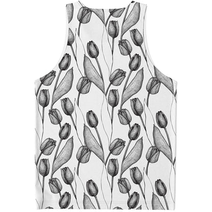 Black And White Tulip Pattern Print Men's Tank Top