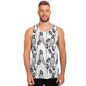 Black And White Tulip Pattern Print Men's Tank Top