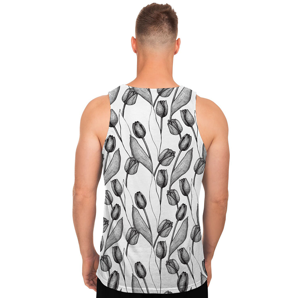 Black And White Tulip Pattern Print Men's Tank Top