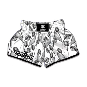 Black And White Tulip Pattern Print Muay Thai Boxing Shorts