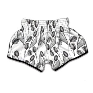 Black And White Tulip Pattern Print Muay Thai Boxing Shorts