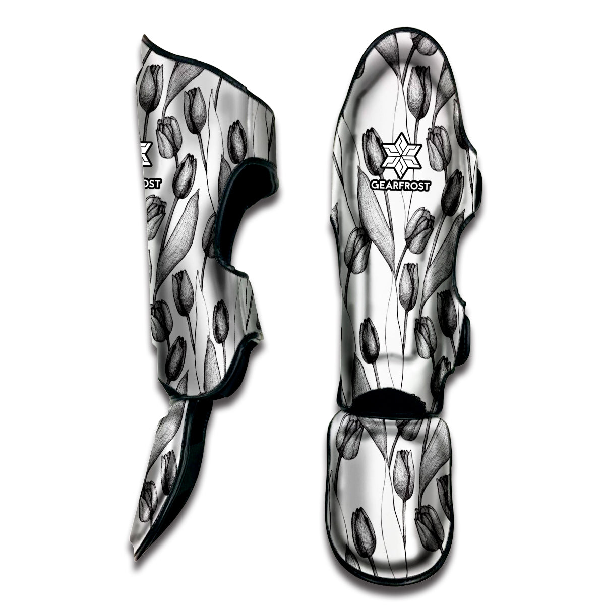 Black And White Tulip Pattern Print Muay Thai Shin Guard