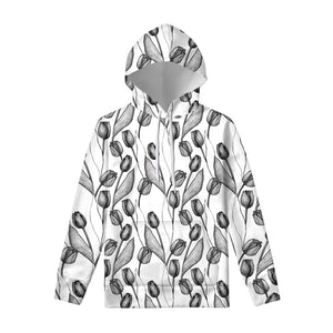 Black And White Tulip Pattern Print Pullover Hoodie