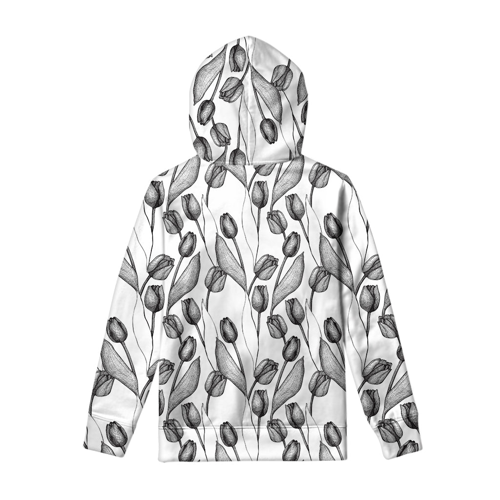 Black And White Tulip Pattern Print Pullover Hoodie