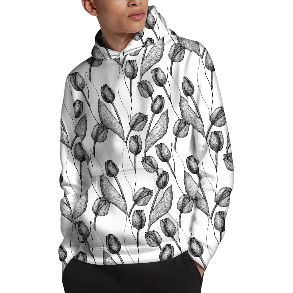 Black And White Tulip Pattern Print Pullover Hoodie