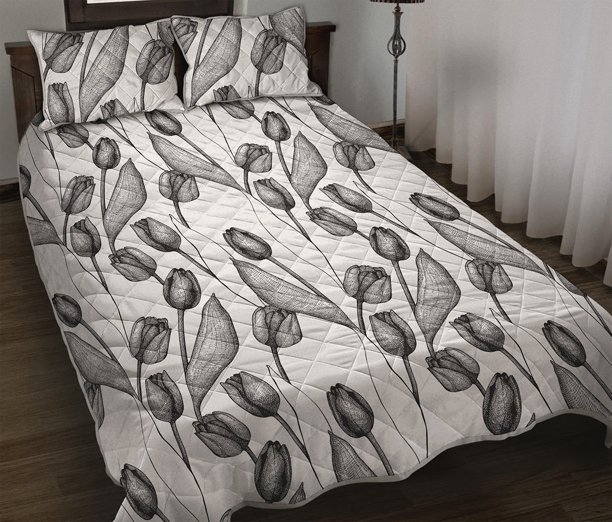 Black And White Tulip Pattern Print Quilt Bed Set