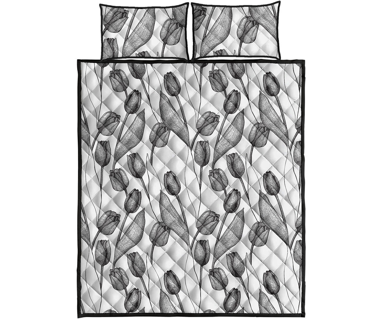 Black And White Tulip Pattern Print Quilt Bed Set