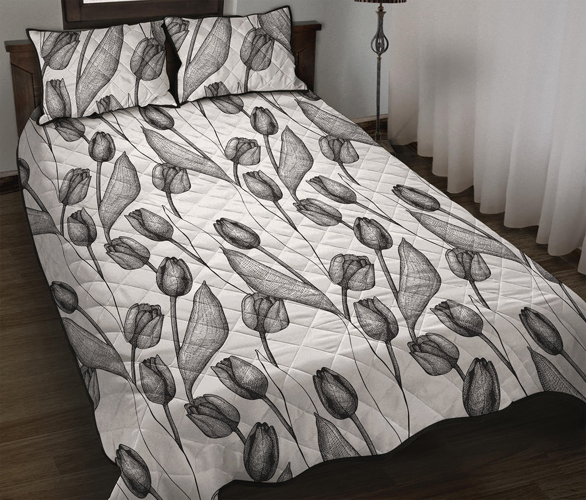 Black And White Tulip Pattern Print Quilt Bed Set