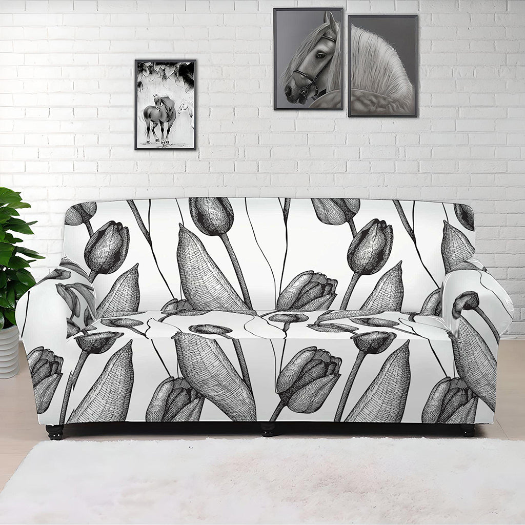 Black And White Tulip Pattern Print Sofa Cover