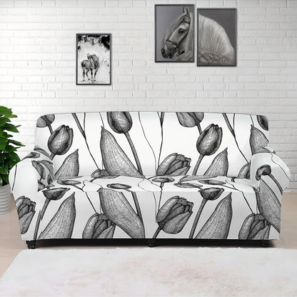 Black And White Tulip Pattern Print Sofa Cover