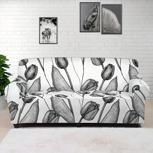 Black And White Tulip Pattern Print Sofa Cover