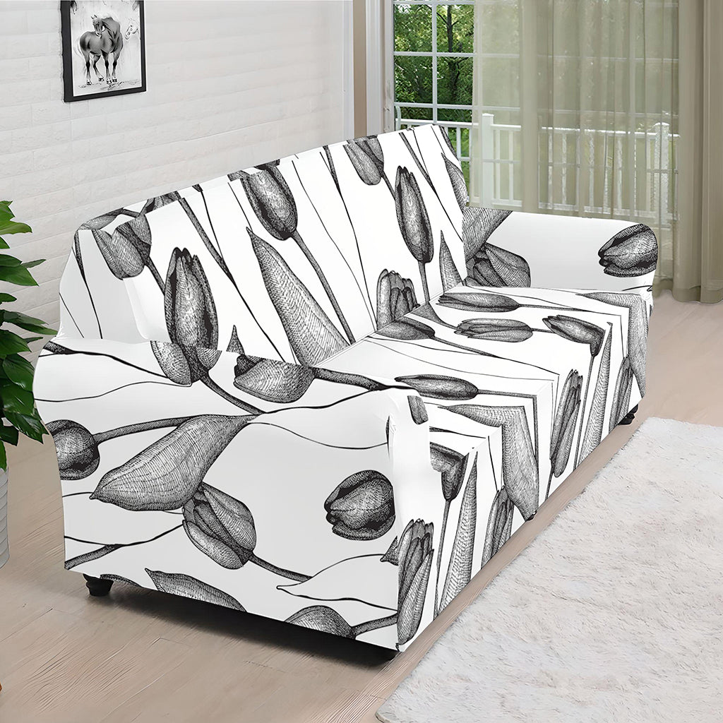 Black And White Tulip Pattern Print Sofa Cover