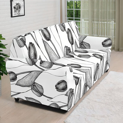 Black And White Tulip Pattern Print Sofa Cover