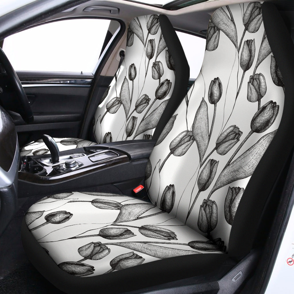 Black And White Tulip Pattern Print Universal Fit Car Seat Covers