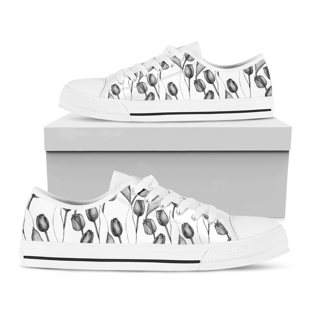 Black And White Tulip Pattern Print White Low Top Shoes