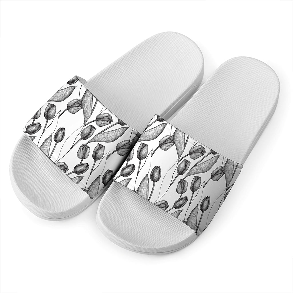 Black And White Tulip Pattern Print White Slide Sandals