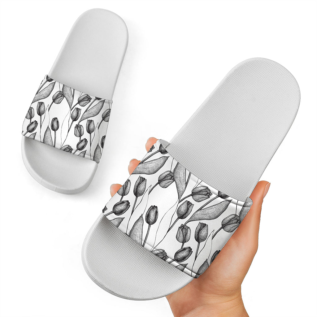 Black And White Tulip Pattern Print White Slide Sandals