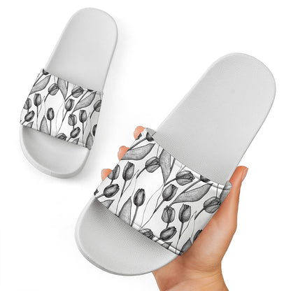 Black And White Tulip Pattern Print White Slide Sandals