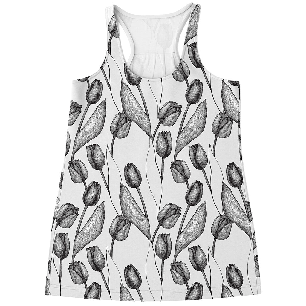 Black And White Tulip Pattern Print Women's Racerback Tank Top