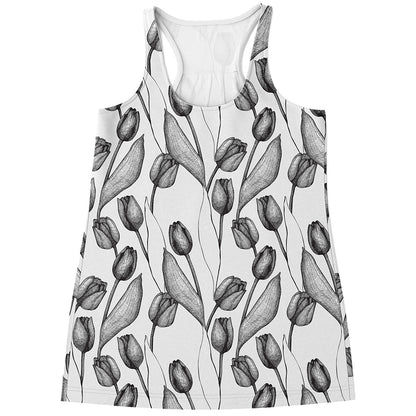 Black And White Tulip Pattern Print Women's Racerback Tank Top