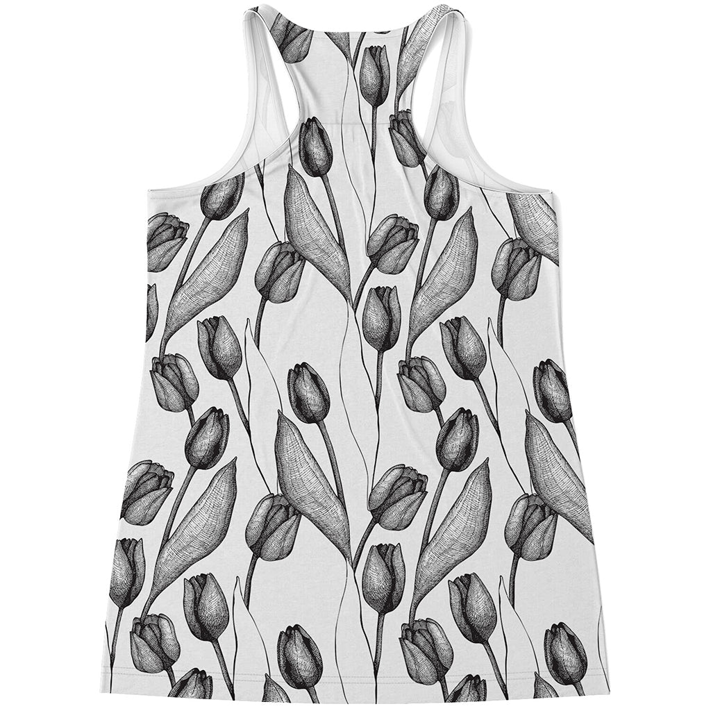 Black And White Tulip Pattern Print Women's Racerback Tank Top