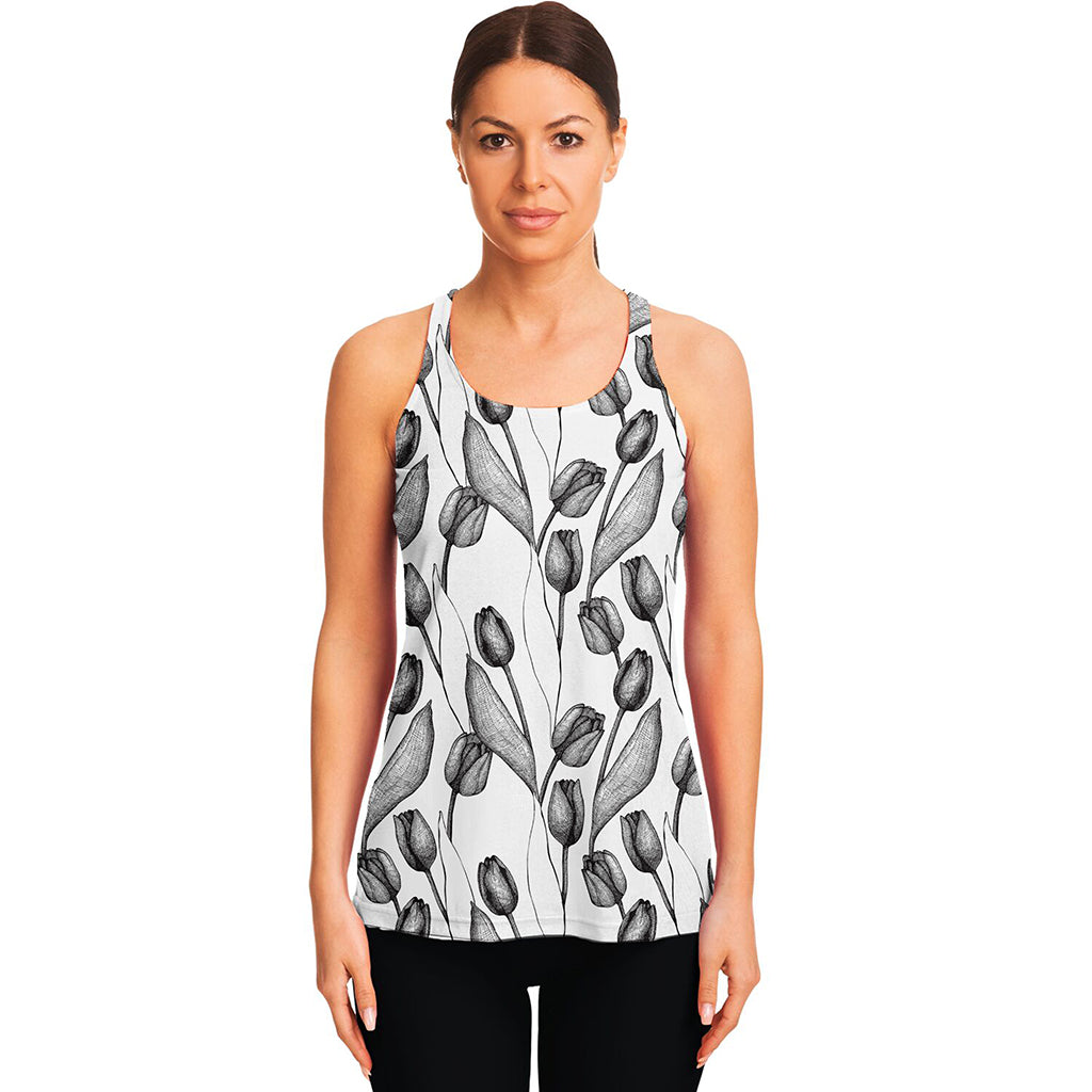 Black And White Tulip Pattern Print Women's Racerback Tank Top