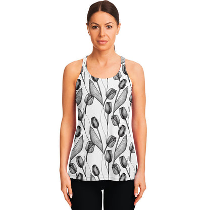 Black And White Tulip Pattern Print Women's Racerback Tank Top