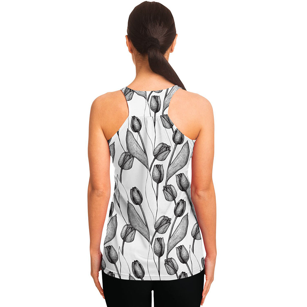 Black And White Tulip Pattern Print Women's Racerback Tank Top