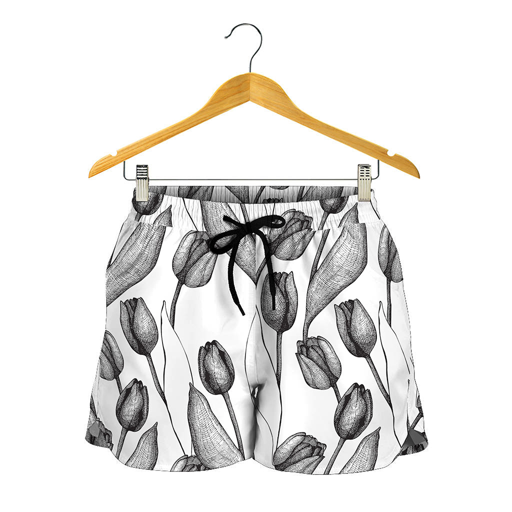 Black And White Tulip Pattern Print Women's Shorts