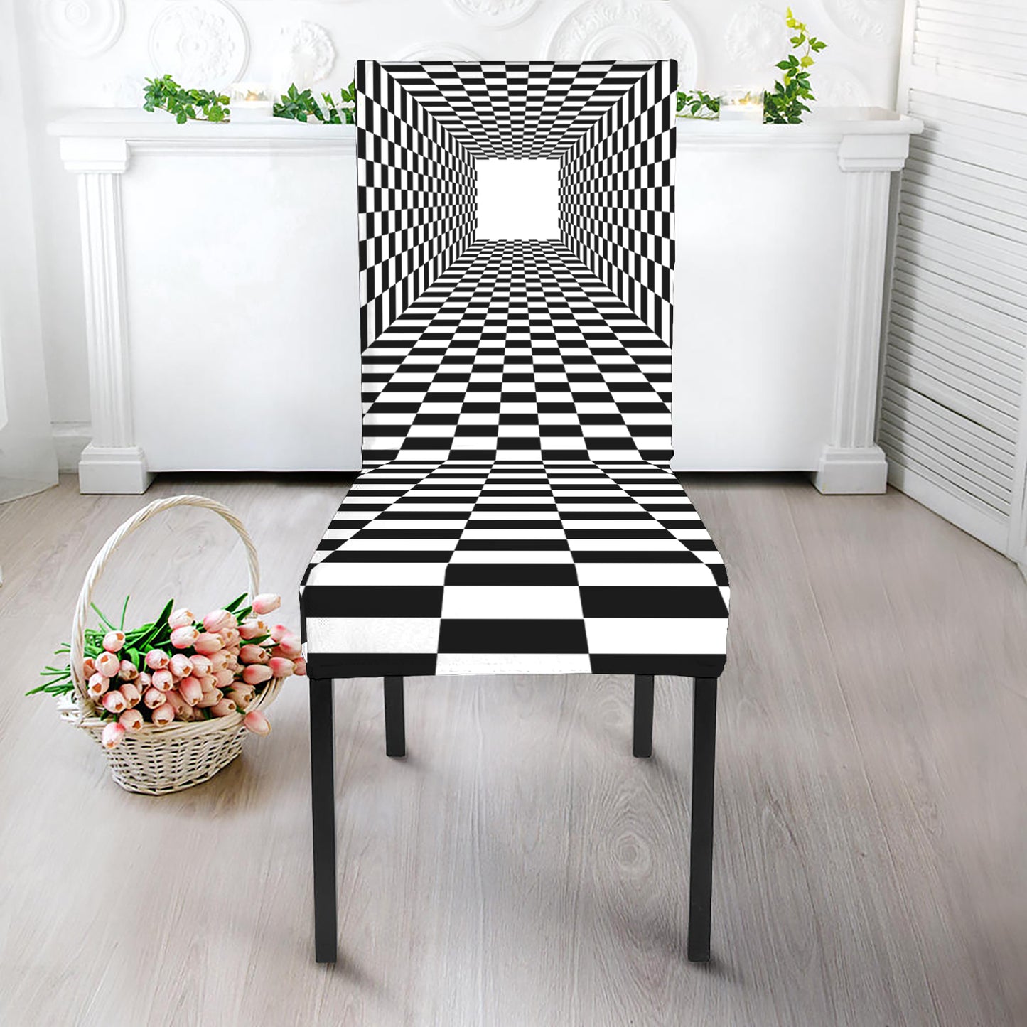 Black And White Tunnel Illusion Print Dining Chair Slipcover