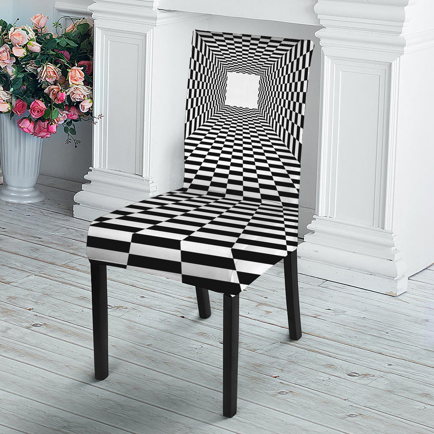 Black And White Tunnel Illusion Print Dining Chair Slipcover