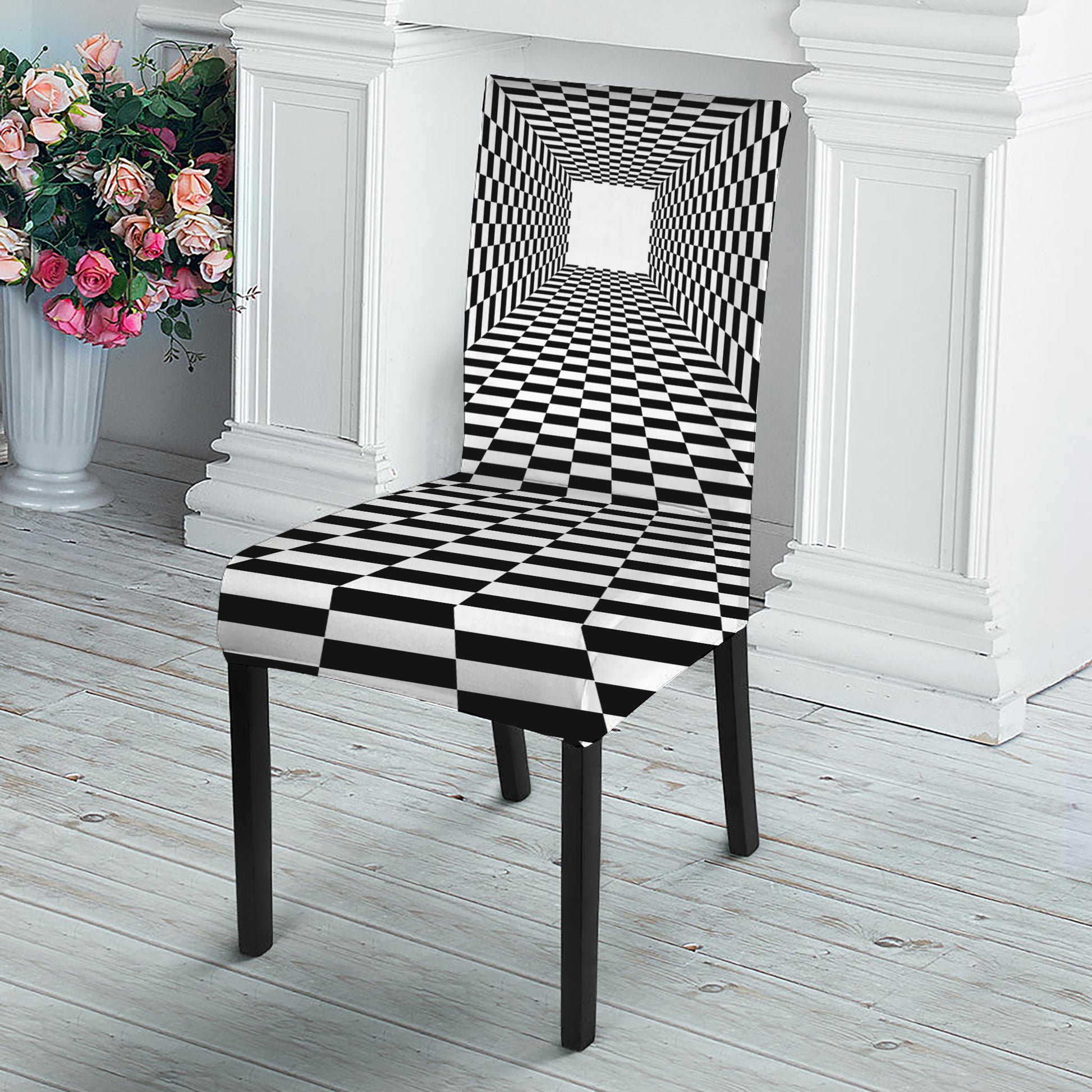 Black And White Tunnel Illusion Print Dining Chair Slipcover