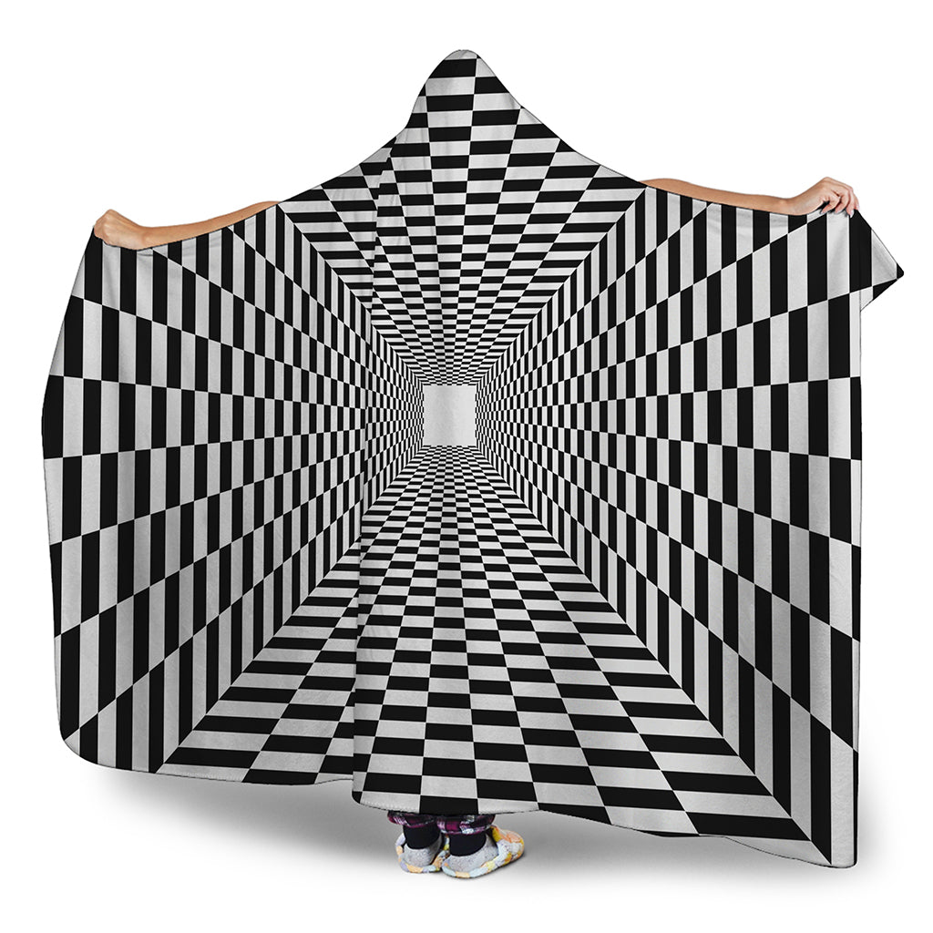 Black And White Tunnel Illusion Print Hooded Blanket