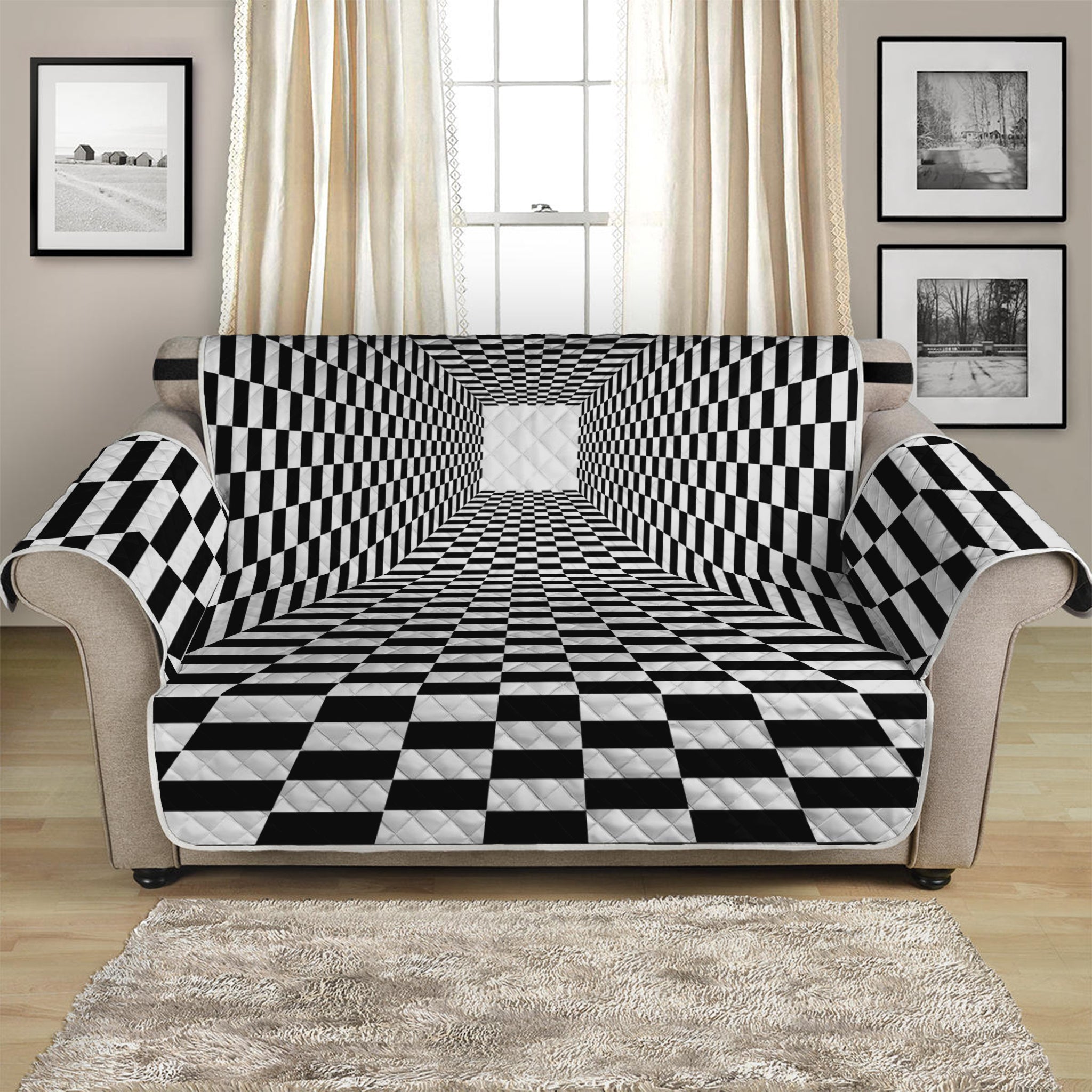 Black And White Tunnel Illusion Print Loveseat Protector