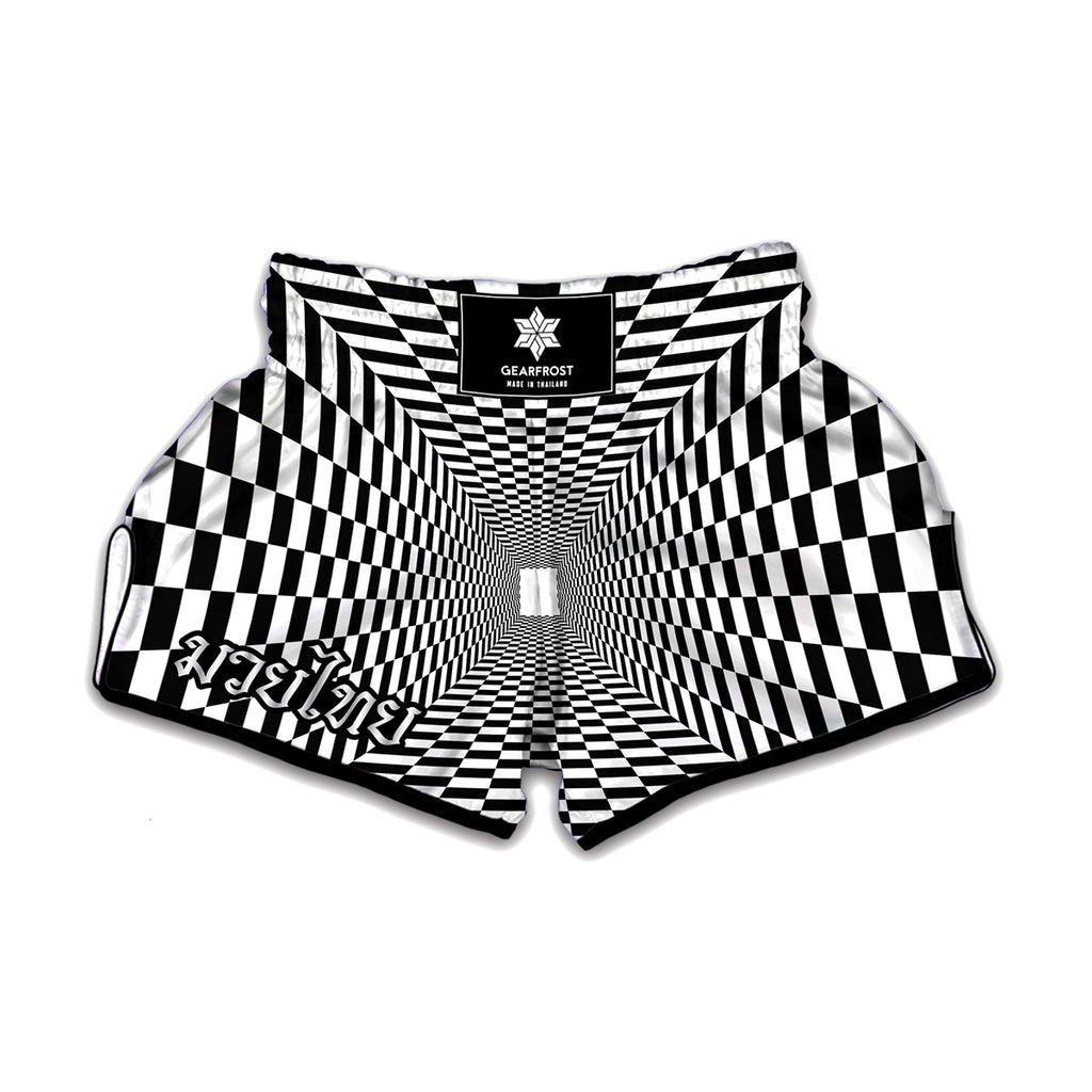 Black And White Tunnel Illusion Print Muay Thai Boxing Shorts