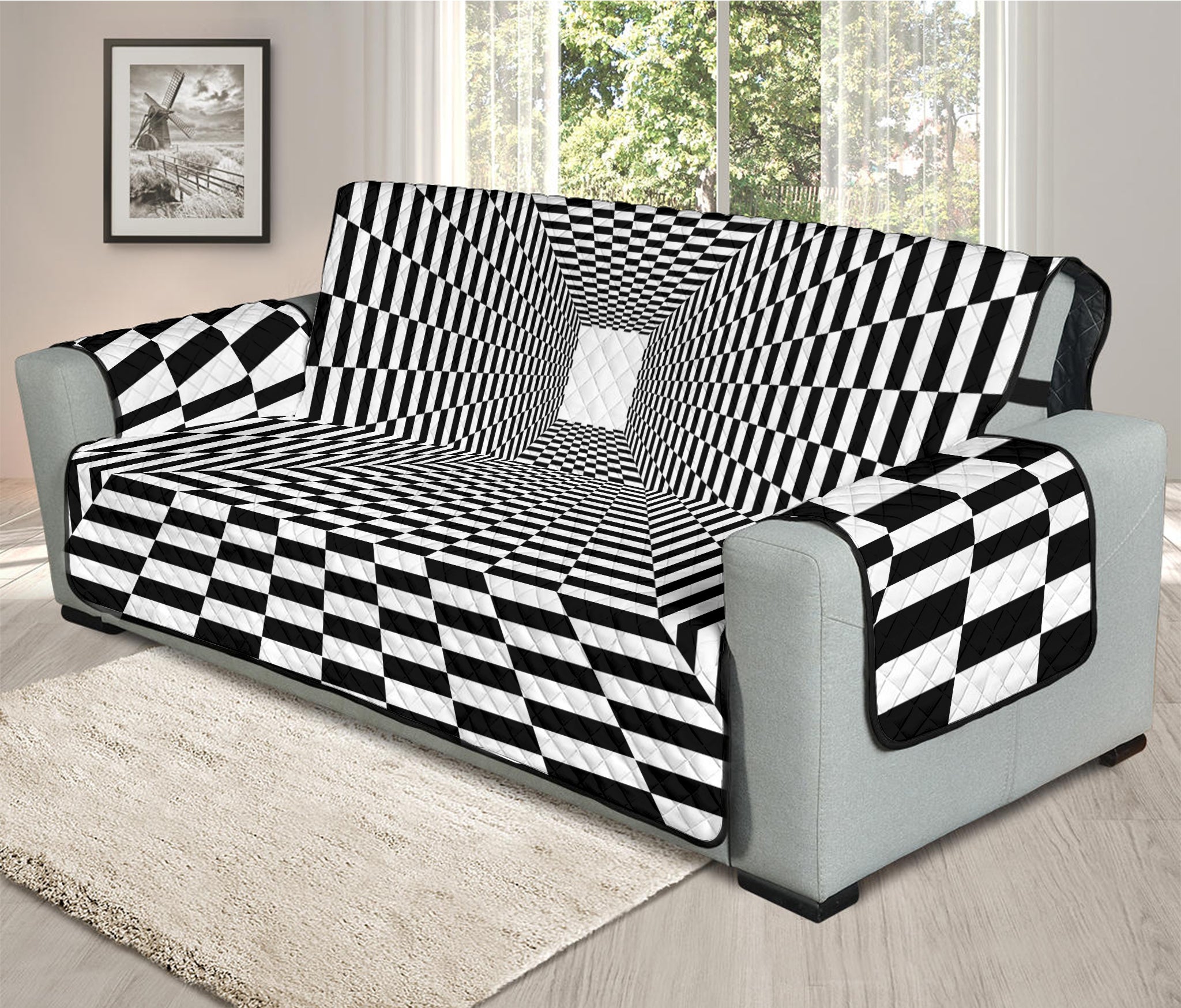 Black And White Tunnel Illusion Print Oversized Sofa Protector