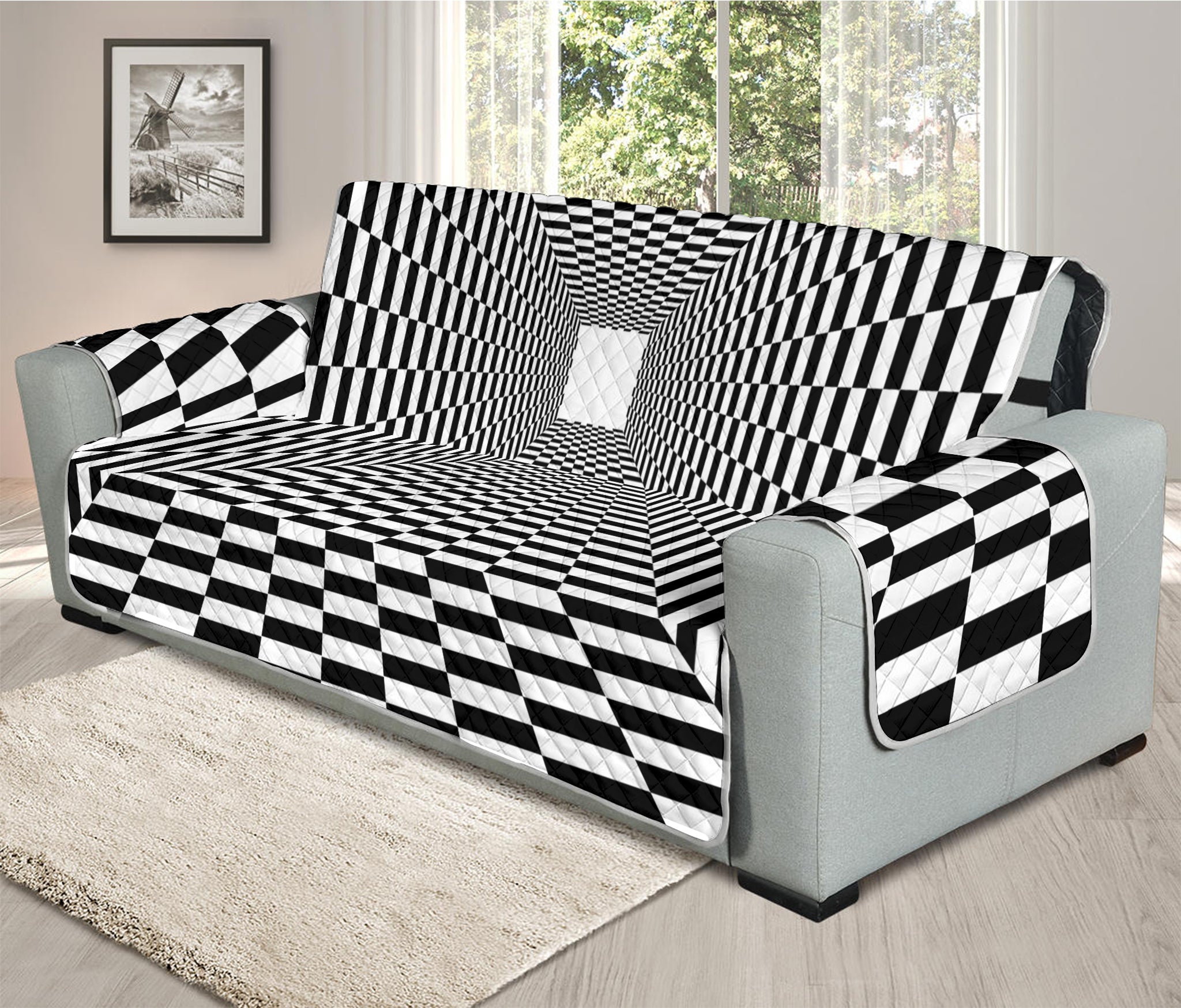 Black And White Tunnel Illusion Print Oversized Sofa Protector