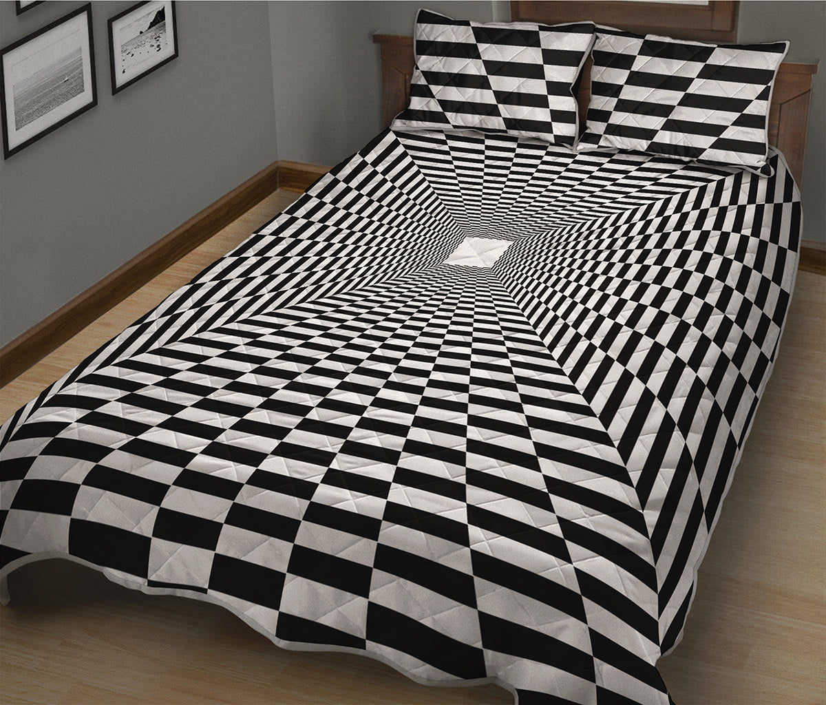 Black And White Tunnel Illusion Print Quilt Bed Set