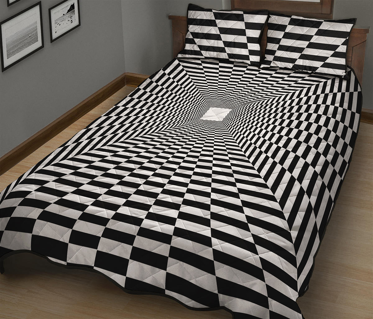 Black And White Tunnel Illusion Print Quilt Bed Set