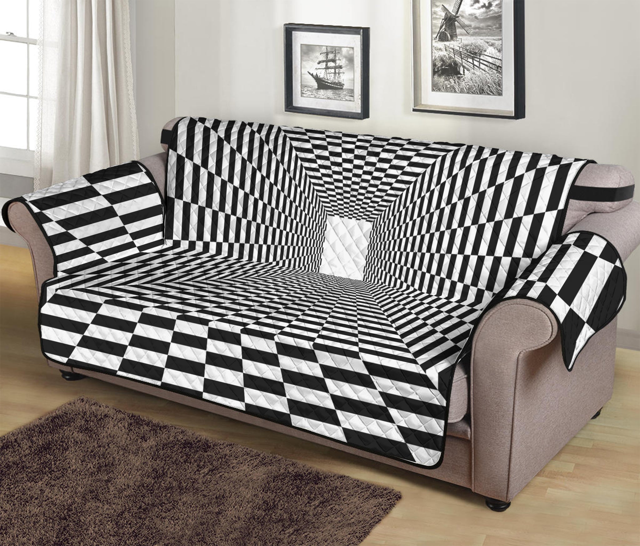 Black And White Tunnel Illusion Print Sofa Protector