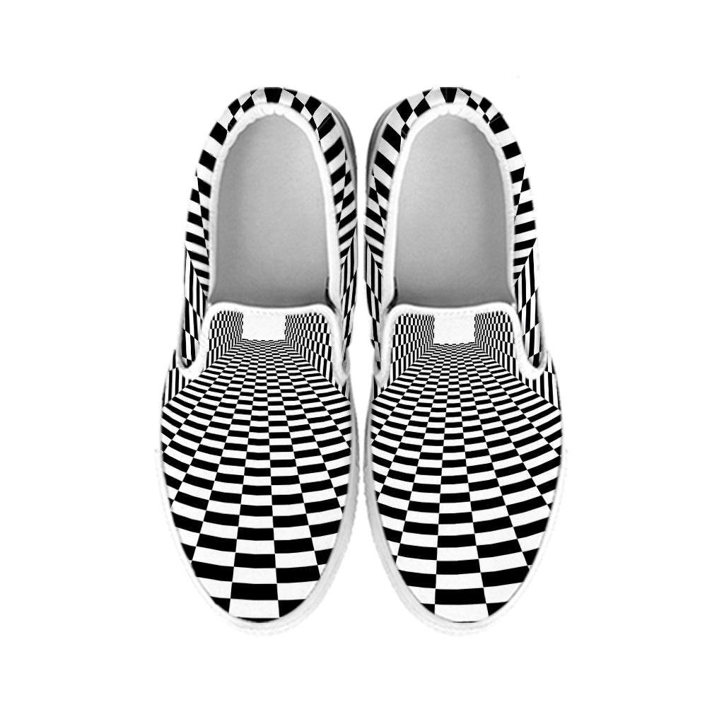 Black And White Tunnel Illusion Print White Slip On Shoes