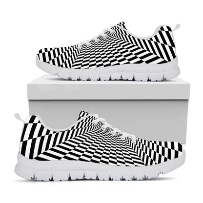 Black And White Tunnel Illusion Print White Sneakers