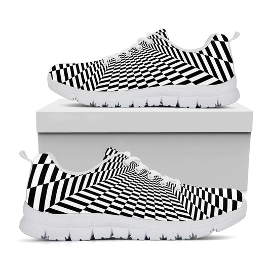 Black And White Tunnel Illusion Print White Sneakers