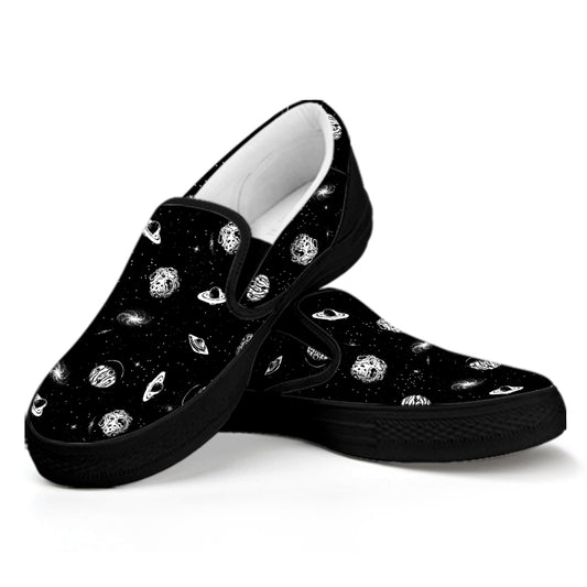 Black And White UFO Pattern Print Black Slip On Shoes