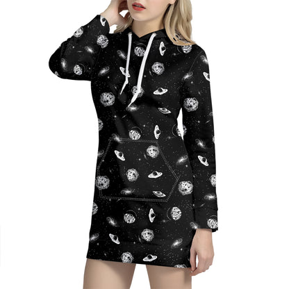 Black And White UFO Pattern Print Hoodie Dress
